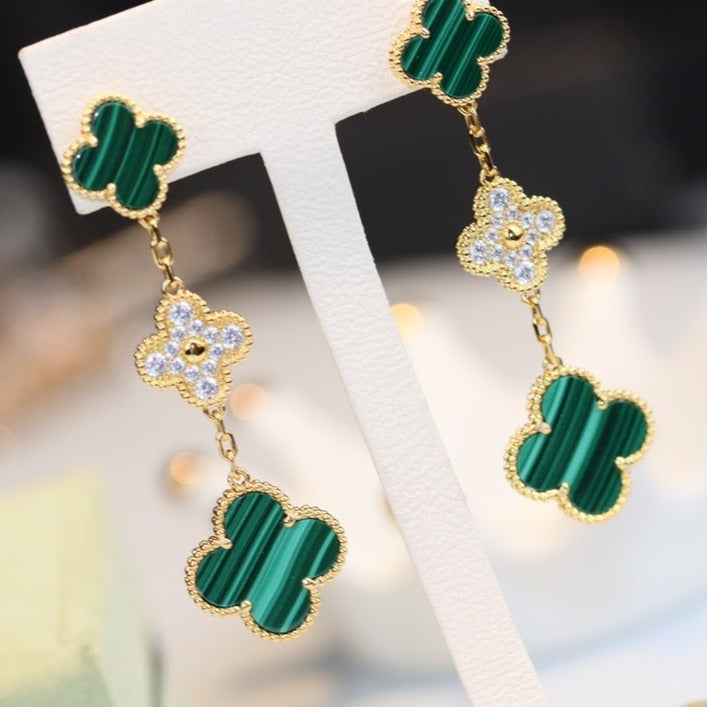 [VCA]CLOVER EARRINGS GOLD MALACHITE DIAMOND 3 MOTIF