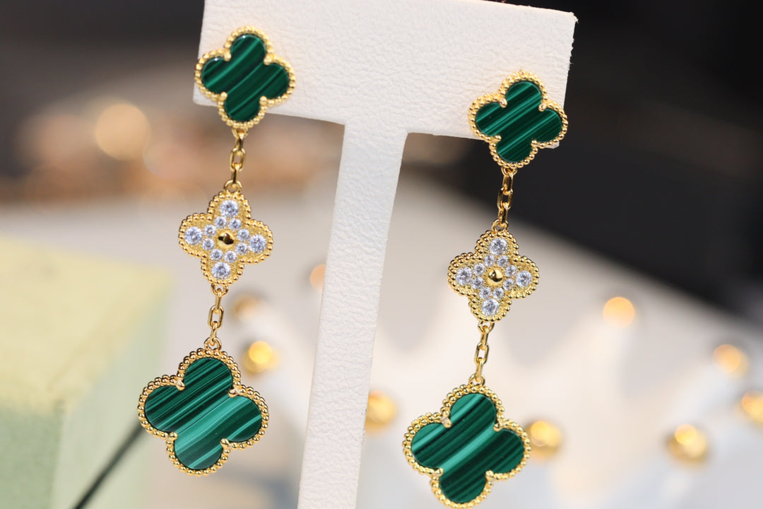 [VCA]CLOVER EARRINGS GOLD MALACHITE DIAMOND 3 MOTIF