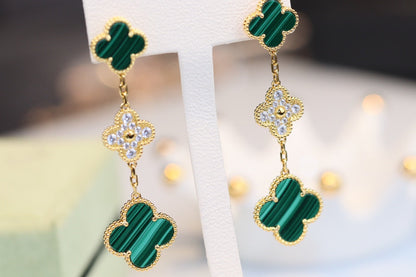 [VCA]CLOVER EARRINGS GOLD MALACHITE DIAMOND 3 MOTIF