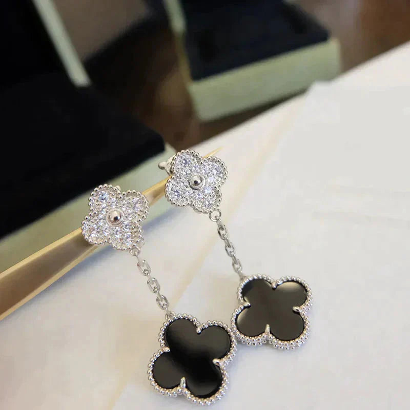 [VCA]CLOVER 2 MOTIFS  DIAMOND ONYX EARRINGS SILVER