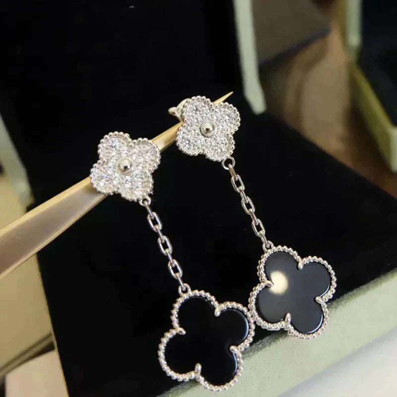 [VCA]CLOVER 2 MOTIFS  DIAMOND ONYX EARRINGS SILVER