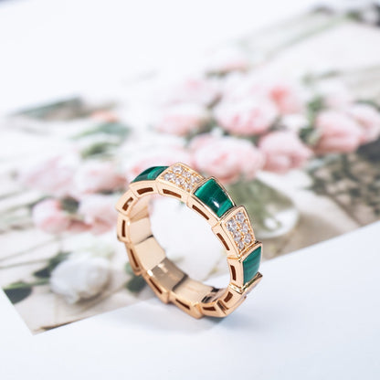 [Blar]SERPENTI RING PINK GOLD MALACHITE DIAMOND PAVED 4MM