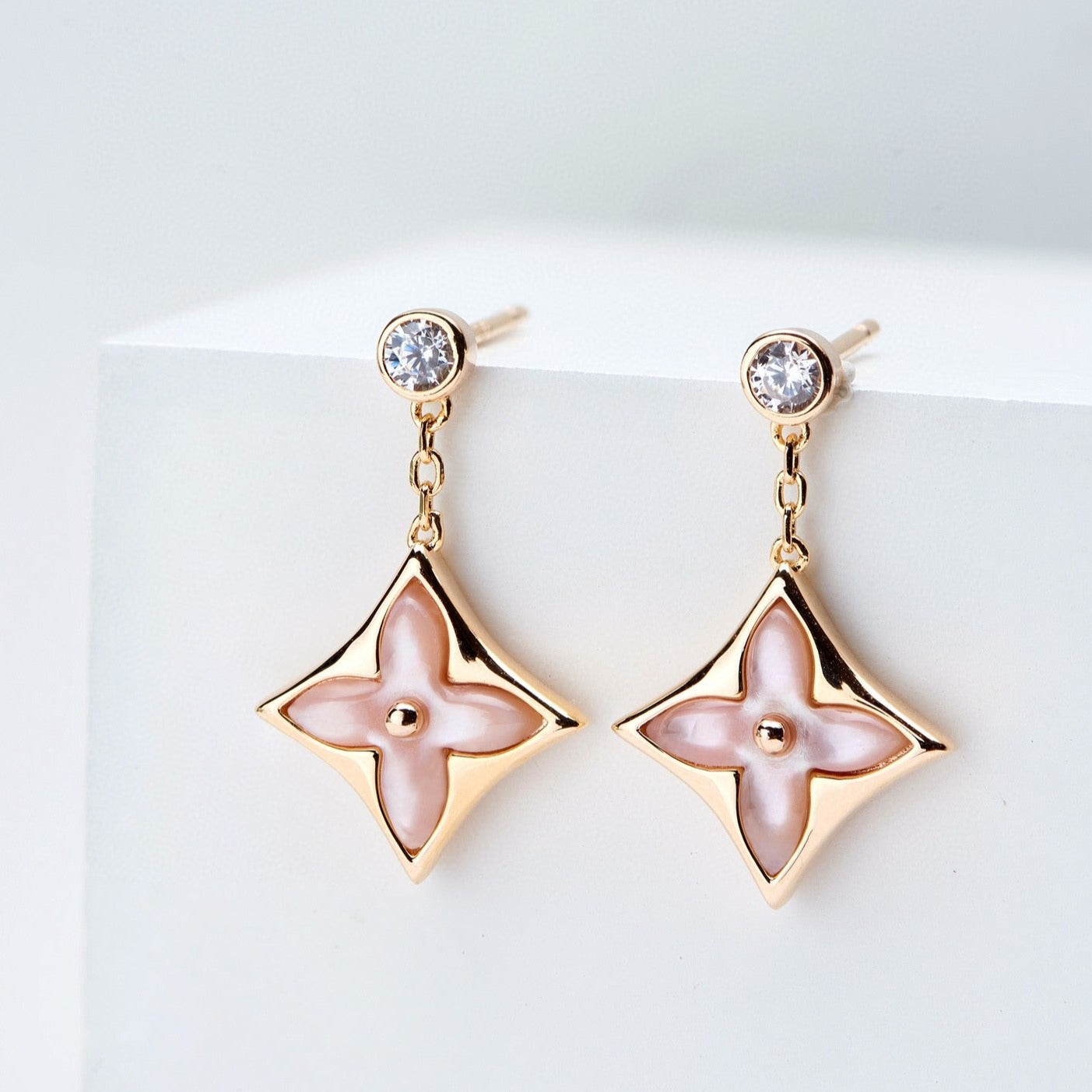 [Loui]DOUBLE STAR PINK GOLD MOP DROP EARRINGS