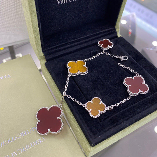 [VCA]CLOVER 5 MOTIFS SIVLER CARNELIAN TIGER EYE BRACELET