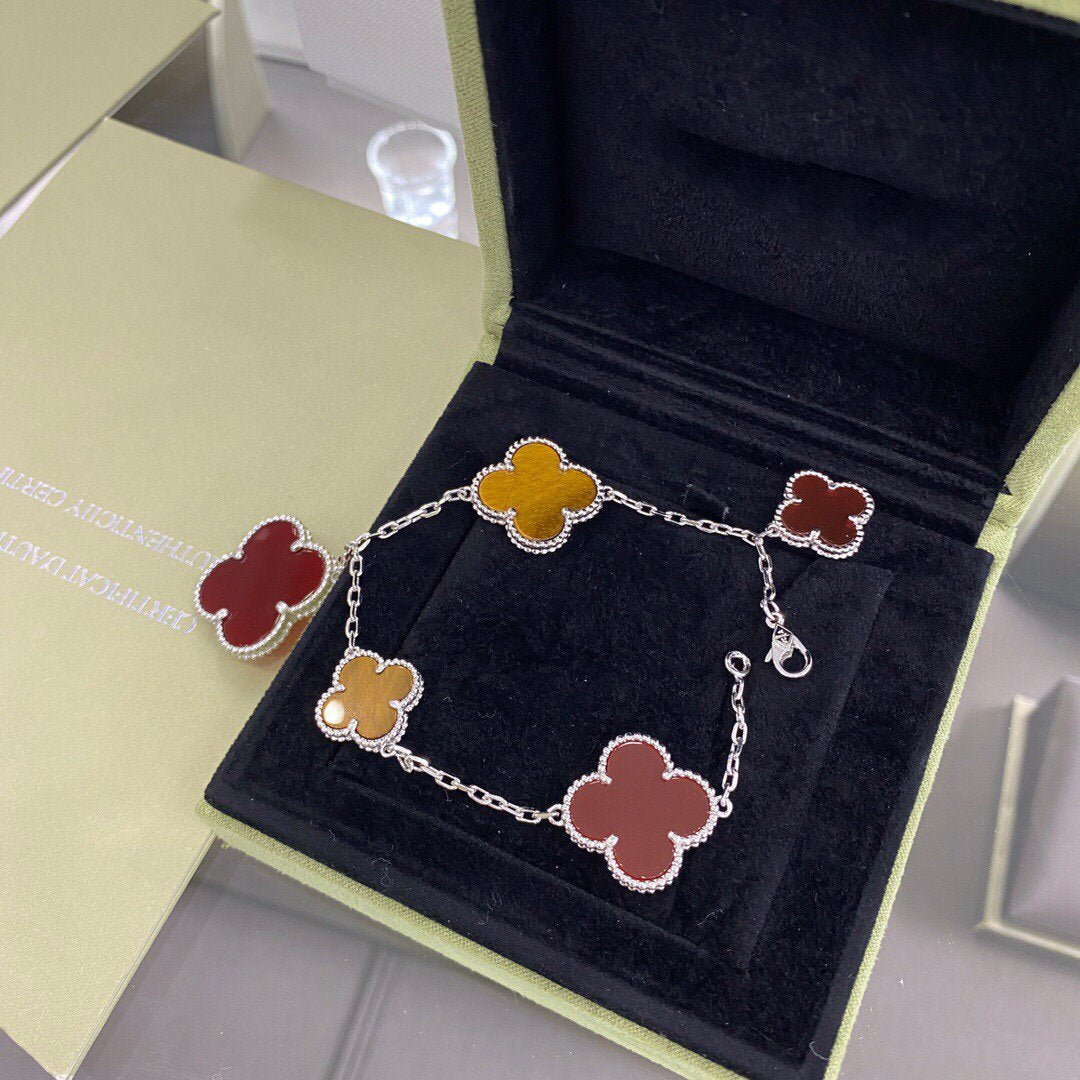 [VCA]CLOVER 5 MOTIFS SIVLER CARNELIAN TIGER EYE BRACELET