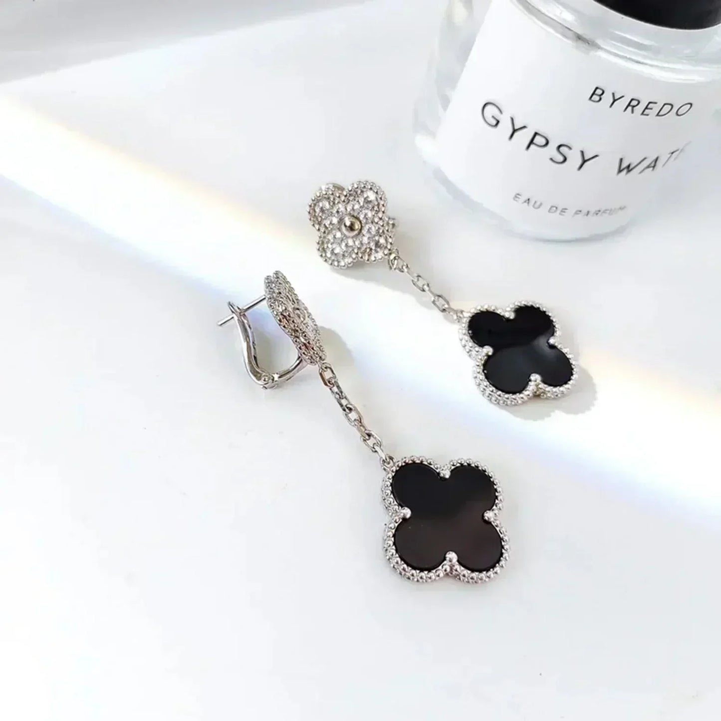 [VCA]CLOVER 2 MOTIFS  DIAMOND ONYX EARRINGS SILVER