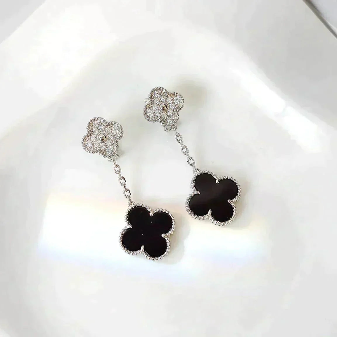 [VCA]CLOVER 2 MOTIFS  DIAMOND ONYX EARRINGS SILVER