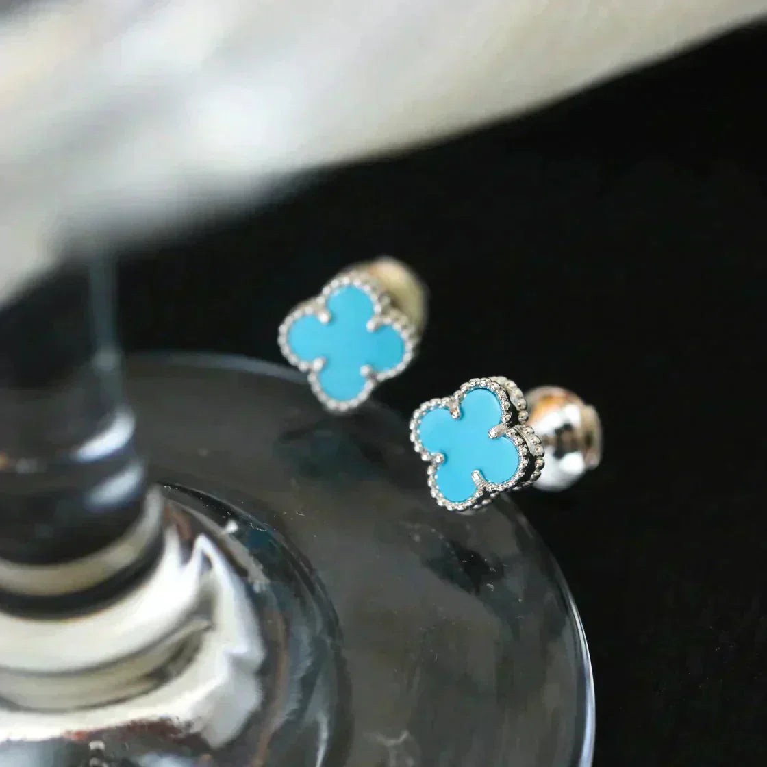 [VCA]CLOVER MINI 9.5MM ONYX STUD EARRINGS SILVER