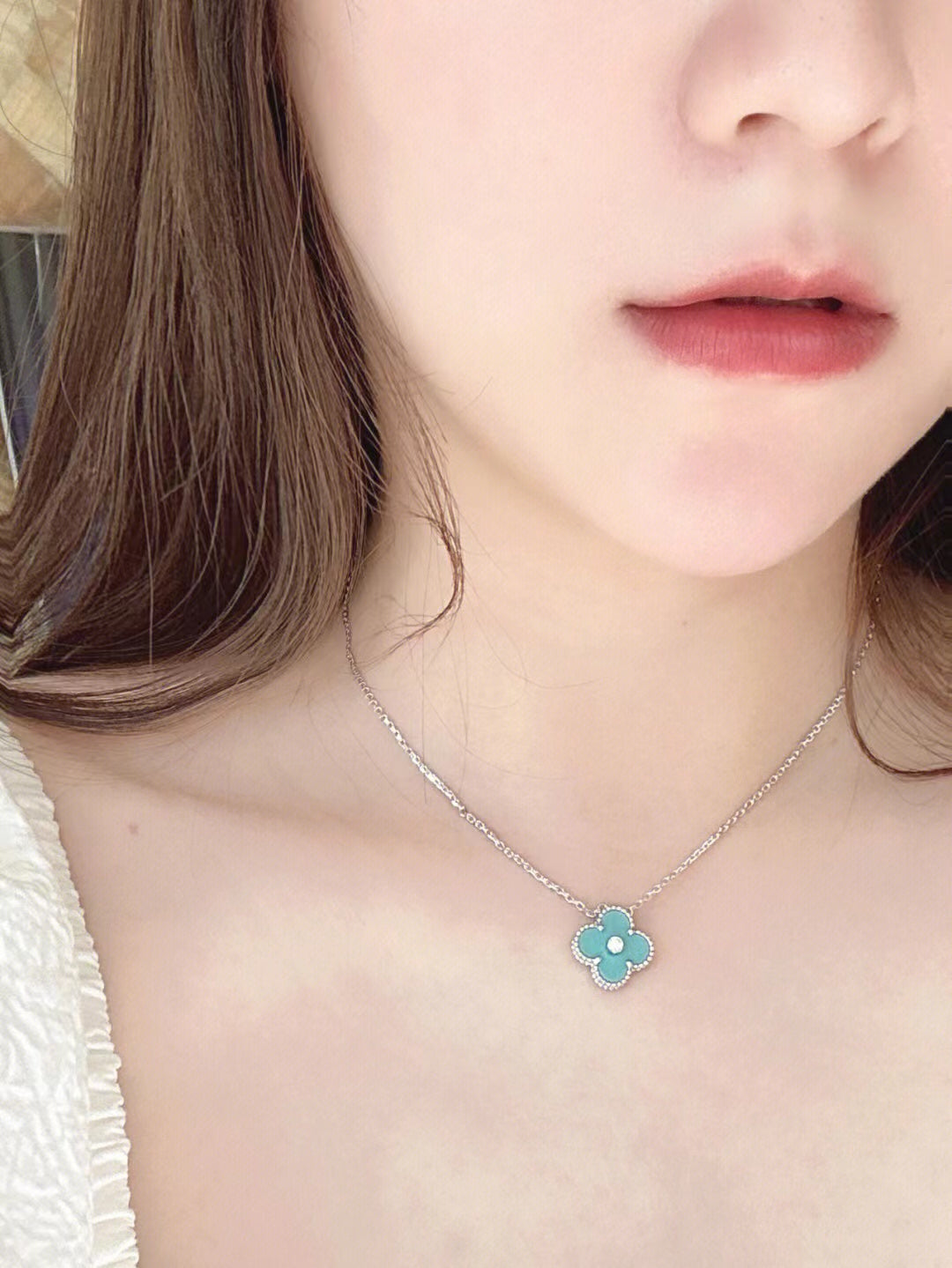 [VCA]CLOVER 1 DIAMOND LIGHT BLUE SILVER NECKLACE