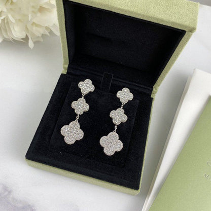 [VCA]CLOVER 3 MOTIF DIAMOND SILVER DROP EARRINGS