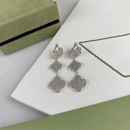 [VCA]CLOVER 3 MOTIF DIAMOND SILVER DROP EARRINGS