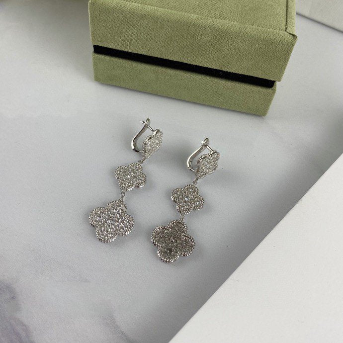 [VCA]CLOVER 3 MOTIF DIAMOND SILVER DROP EARRINGS