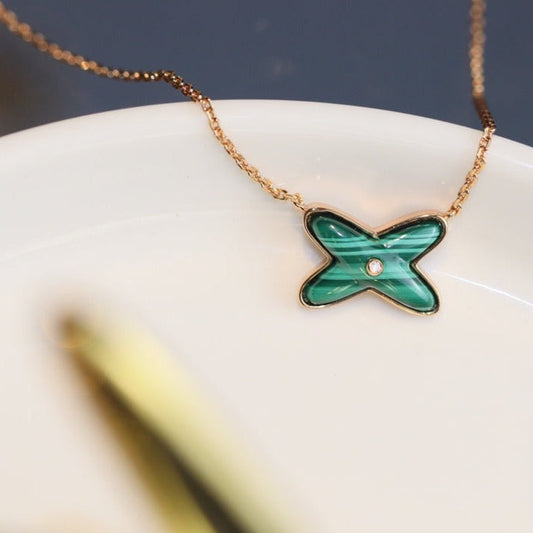 [Chau]JEUX MALACHITE 1 DIAMOND PINK GOLD NECKLACE