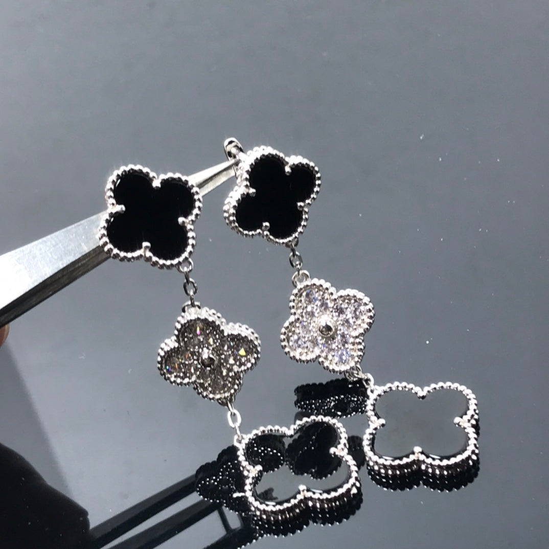 [VCA]CLOVER 3 MOTIF DIAMOND ONYX SILVER EARRINGS