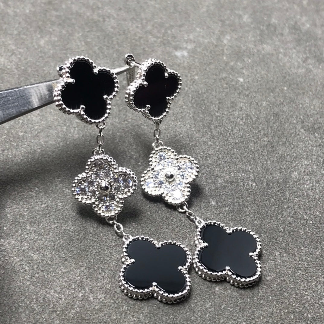 [VCA]CLOVER 3 MOTIF DIAMOND ONYX SILVER EARRINGS