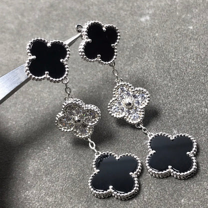 [VCA]CLOVER 3 MOTIF DIAMOND ONYX SILVER EARRINGS