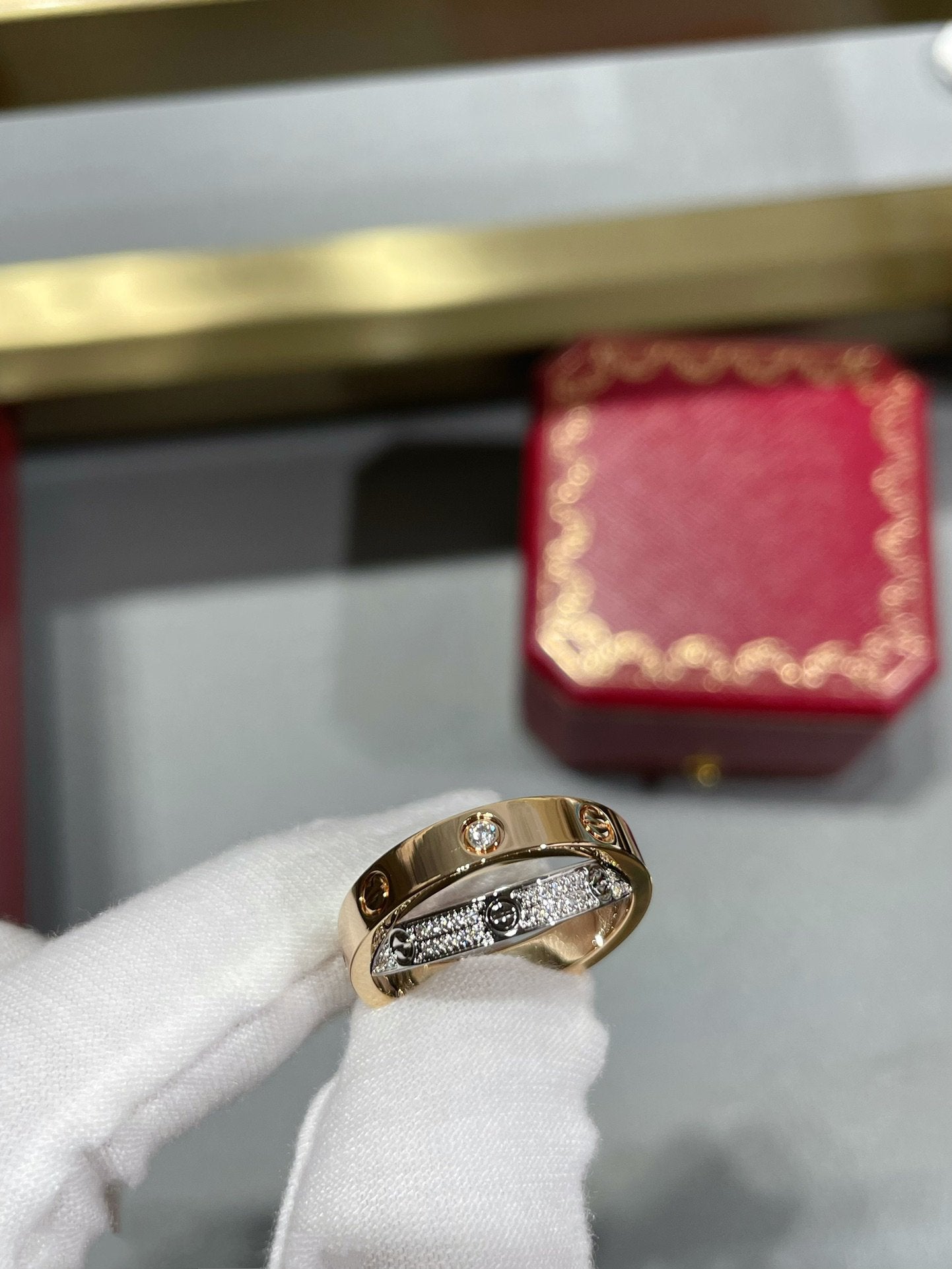 [CAT]LOVE PINK GOLD SILVER DIAMOND DOUBLE RING