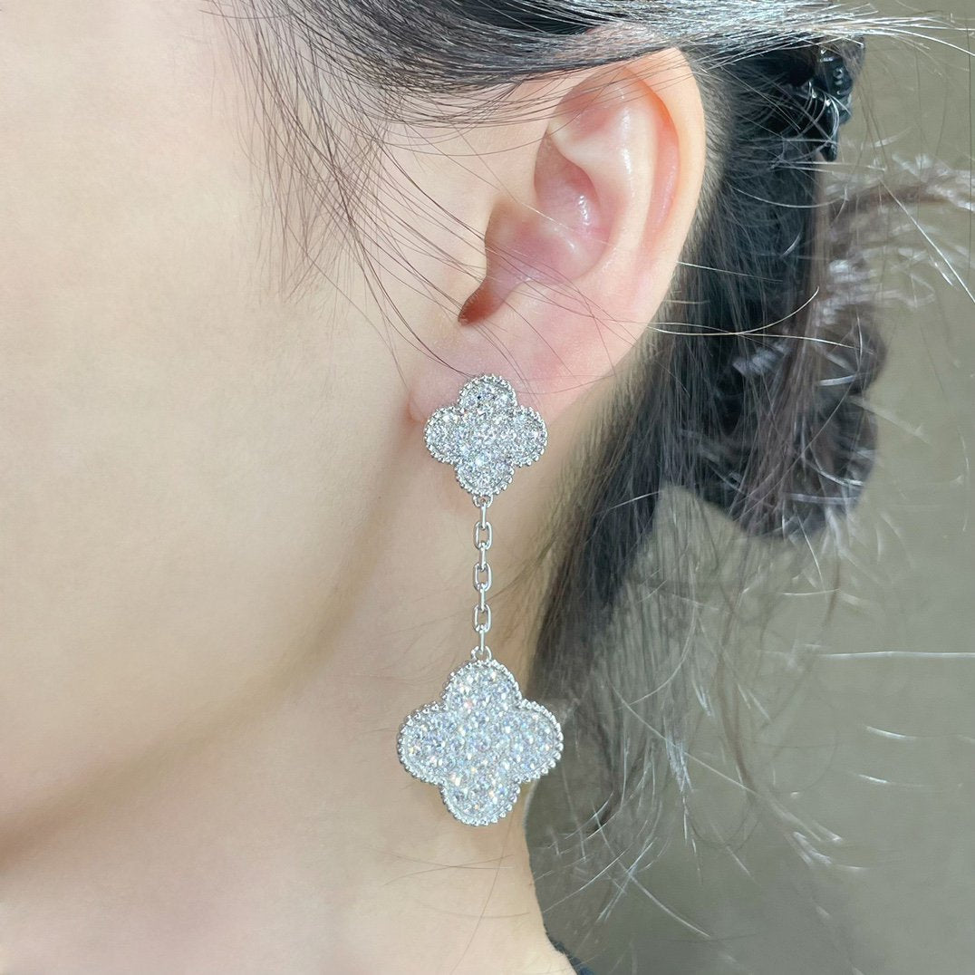 [VCA]CLOVER 2 MOTIFS DIAMOND PAVED SILVER EARRINGS