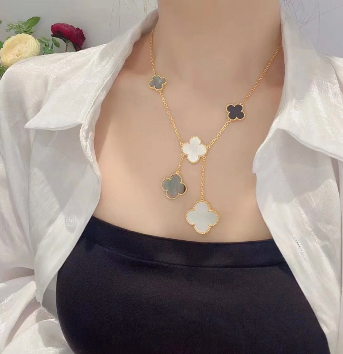 [VCA]CLOVER 6 MOTIF MOP ONYX GOLD NECKLACE