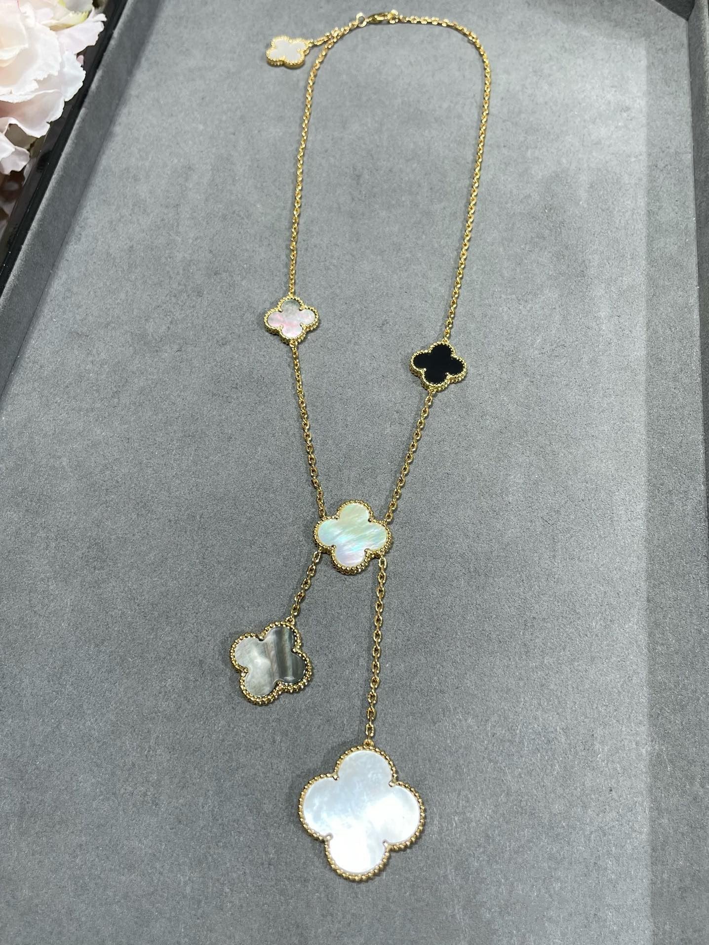 [VCA]CLOVER 6 MOTIF MOP ONYX GOLD NECKLACE