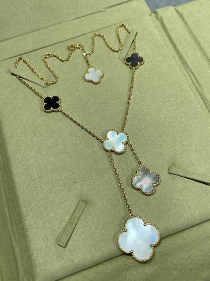 [VCA]CLOVER 6 MOTIF MOP ONYX GOLD NECKLACE