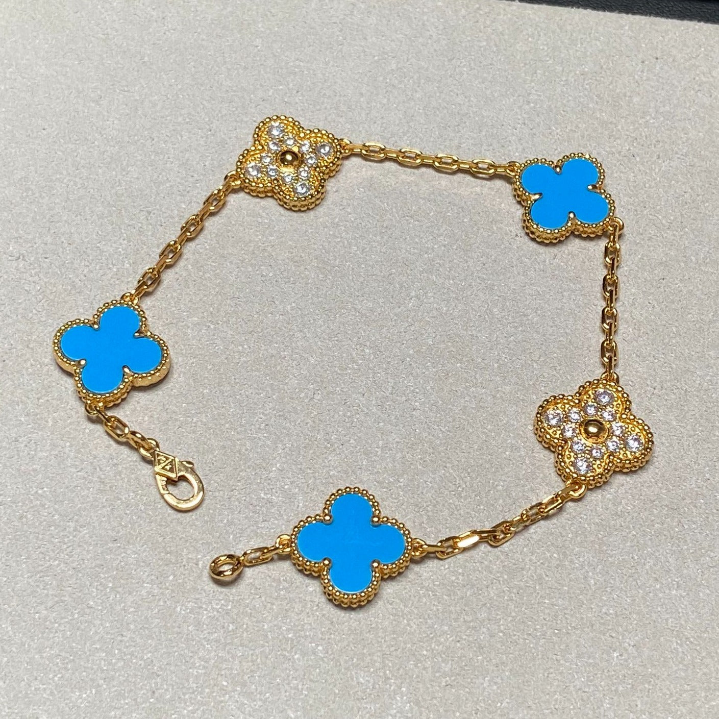 [VCA]CLOVER 5 MOTIF BLUE CHALCEDONY DIAMOND GOLD BRACELET