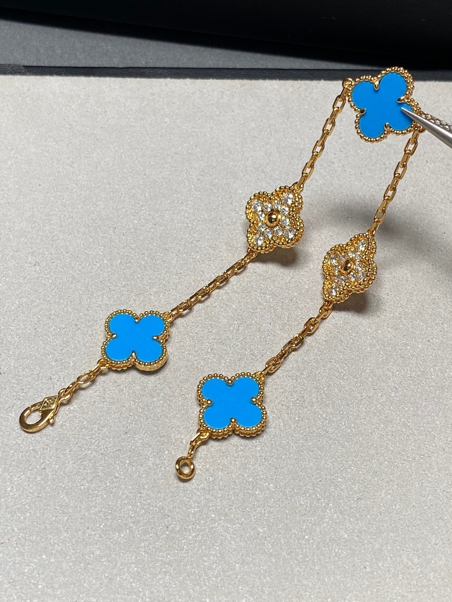 [VCA]CLOVER 5 MOTIF BLUE CHALCEDONY DIAMOND GOLD BRACELET