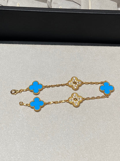 [VCA]CLOVER 5 MOTIF BLUE CHALCEDONY DIAMOND GOLD BRACELET