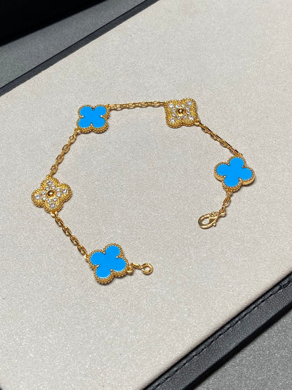 [VCA]CLOVER 5 MOTIF BLUE CHALCEDONY DIAMOND GOLD BRACELET