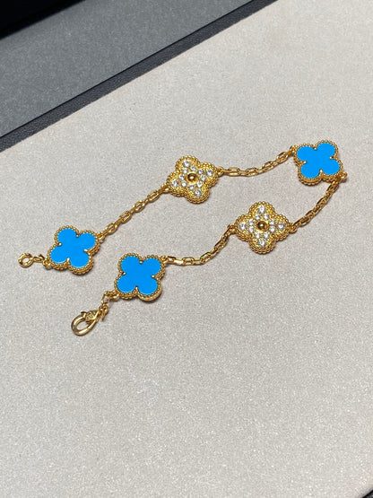 [VCA]CLOVER 5 MOTIF BLUE CHALCEDONY DIAMOND GOLD BRACELET