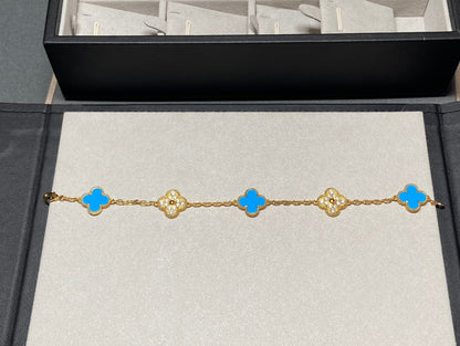 [VCA]CLOVER 5 MOTIF BLUE CHALCEDONY DIAMOND GOLD BRACELET