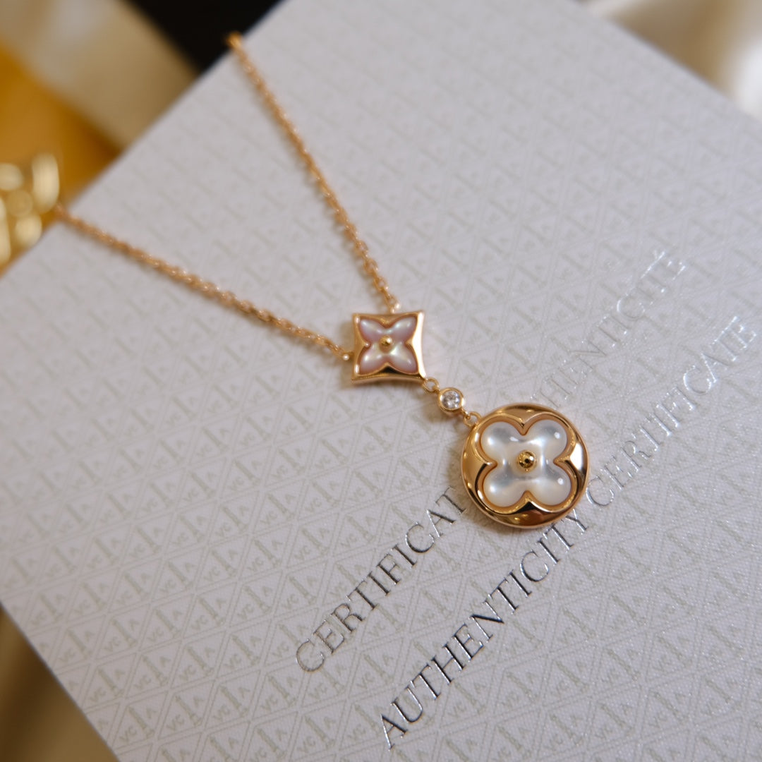 [Loui]STAR AND SUN WHITE MOP 2 MOTIF PINK GOLD NECKLACE