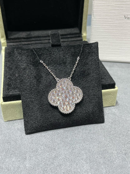 [VCA]CLOVER 25MM LARGE PENDANT DIAMOND PAVED SILVER NECKLACE