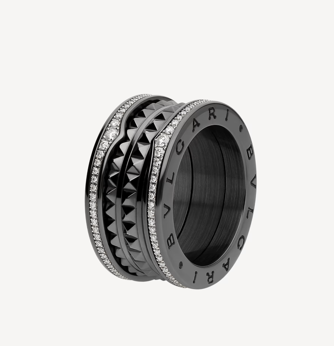 [Blar]ZERO 1 ROCK FOUR-BAND BLACK CERAMIC WITH STUDDED SPIRAL AND PAVED DIAMONDS RING