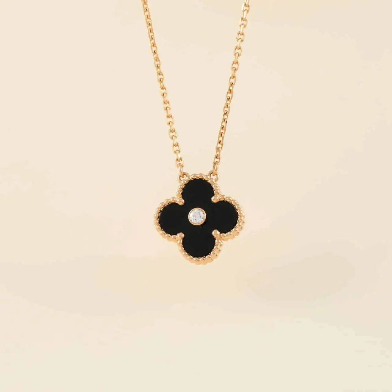 [VCA]CLOVER 15MM DIAMOND ONYX NECKLACE