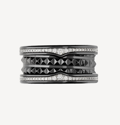 [Blar]ZERO 1 ROCK FOUR-BAND BLACK CERAMIC WITH STUDDED SPIRAL AND PAVED DIAMONDS RING