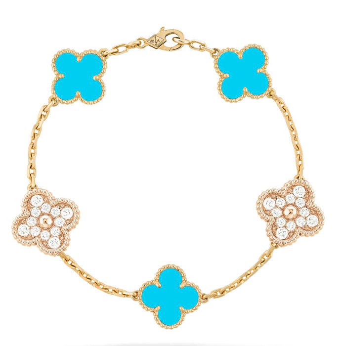 [VCA]CLOVER 5 MOTIF TURQUOISE DIAMOND GOLD BRACELET