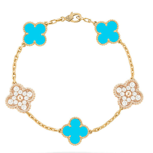 [VCA]CLOVER 5 MOTIF TURQUOISE DIAMOND GOLD BRACELET