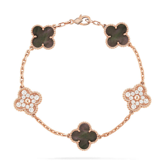 [VCA]CLOVER 5 MOTIFS DARK MOP AND DIAMONDS PINK GOLD BRACELET