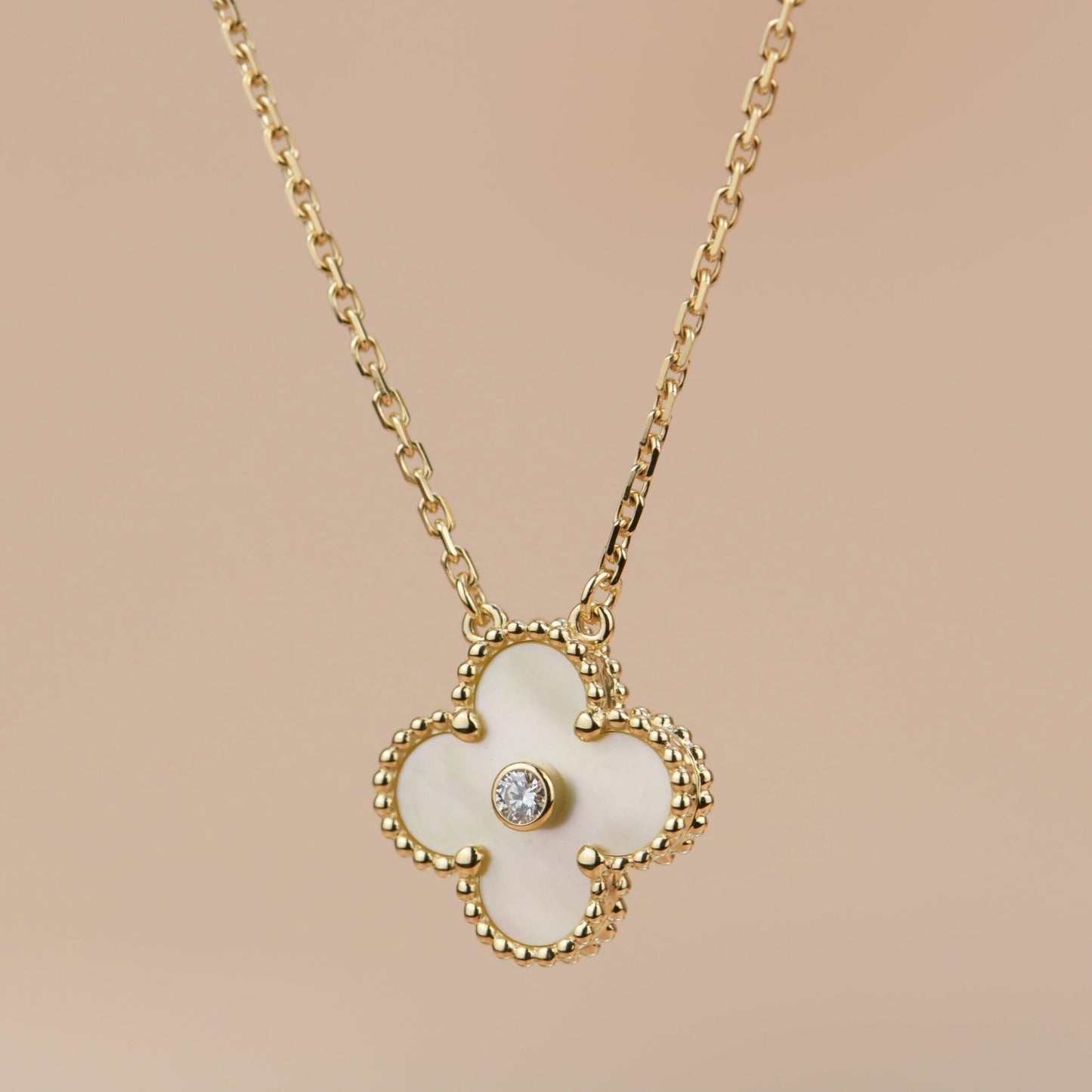 [VCA]CLOVER 15MM DIAMOND GOLD MOTHER OF PEARL NECKLACE