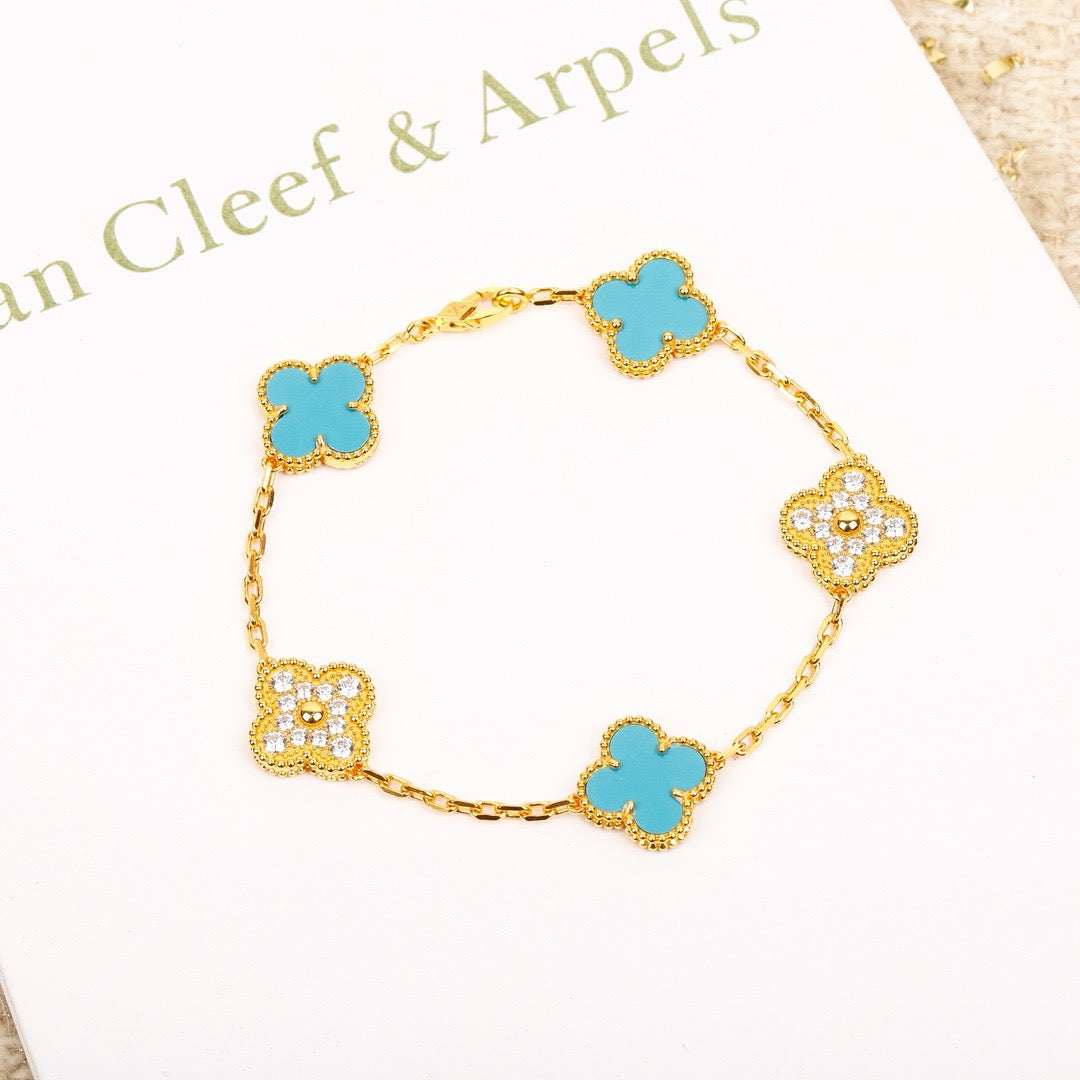 [VCA]CLOVER 5 MOTIF TURQUOISE DIAMOND GOLD BRACELET