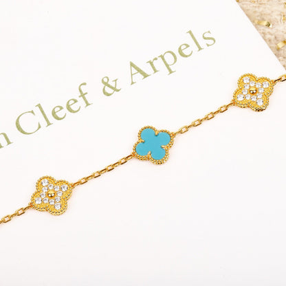 [VCA]CLOVER 5 MOTIF TURQUOISE DIAMOND GOLD BRACELET