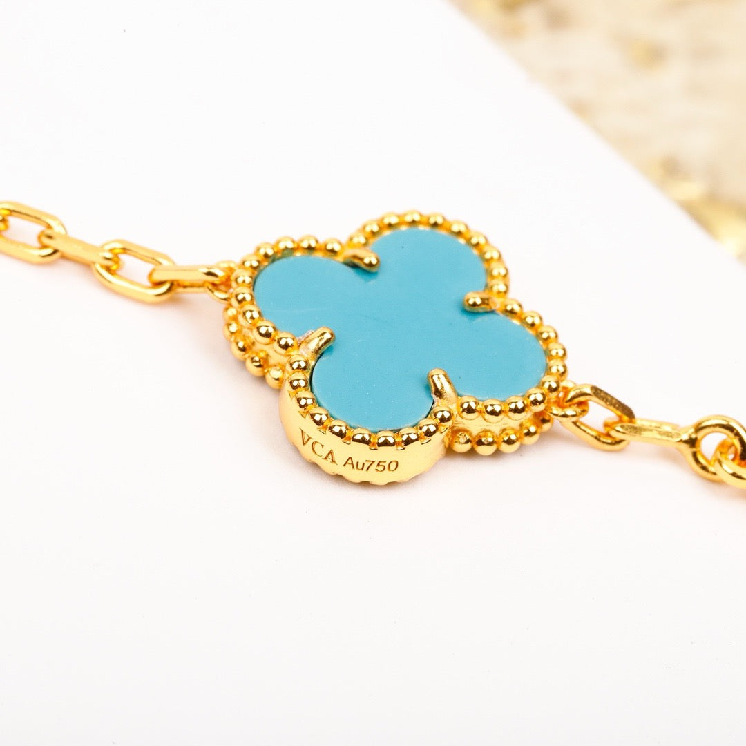 [VCA]CLOVER 5 MOTIF TURQUOISE DIAMOND GOLD BRACELET