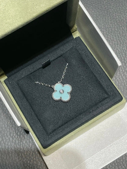 [VCA]CLOVER 1 DIAMOND LIGHT BLUE SILVER NECKLACE