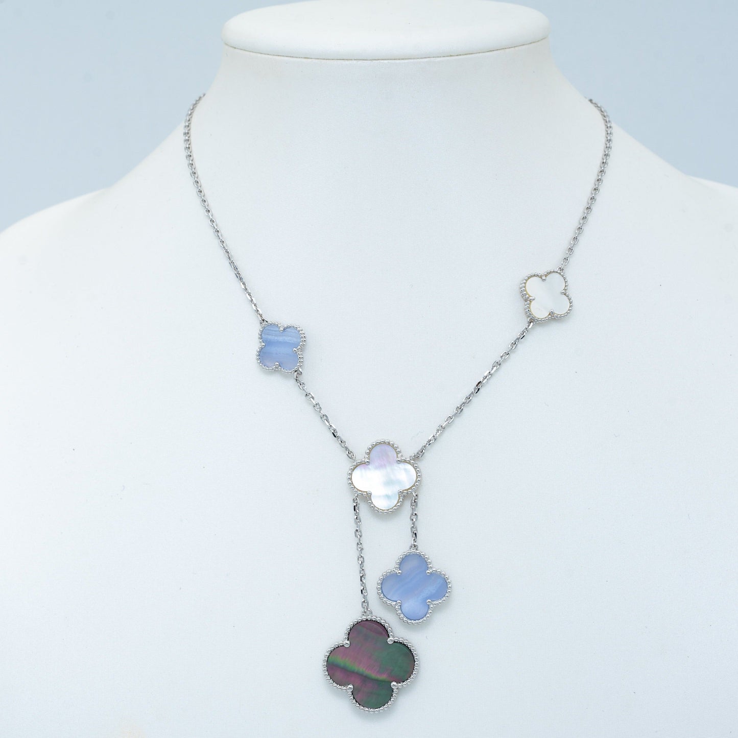 [VCA]CLOVER MOP CHALCEDONY NECKLACE SILVER 6 MOTIF