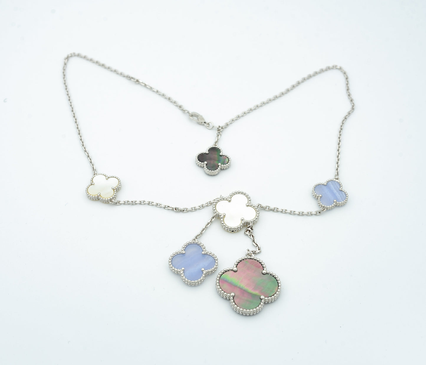 [VCA]CLOVER MOP CHALCEDONY NECKLACE SILVER 6 MOTIF