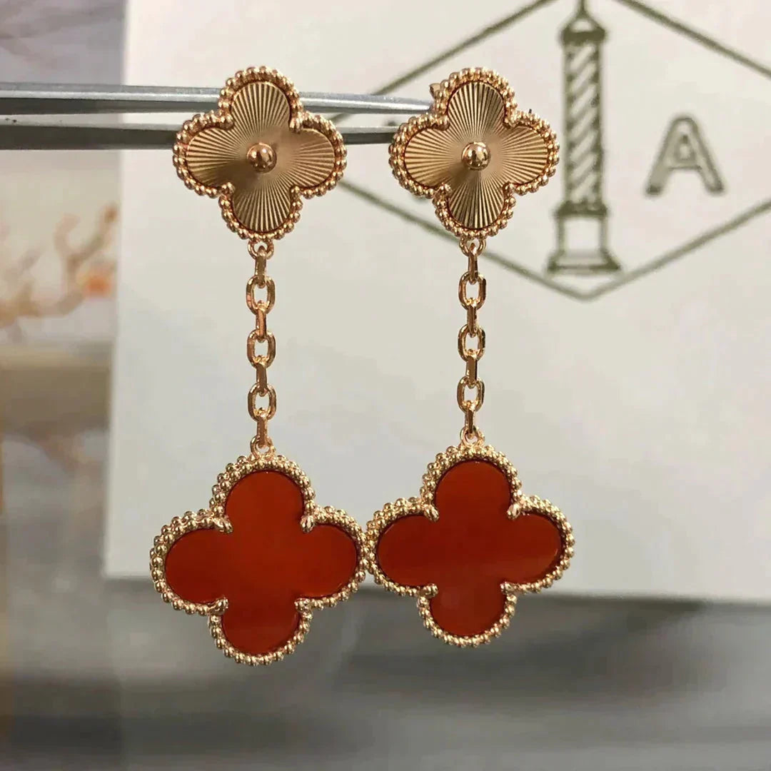 [VCA]CLOVER 2 MOTIF  LASER CARNELIAN EARRINGS