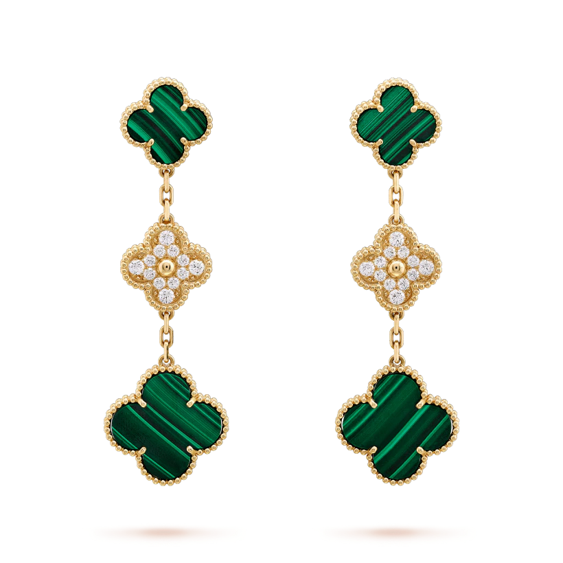 [VCA]CLOVER EARRINGS GOLD MALACHITE DIAMOND 3 MOTIF