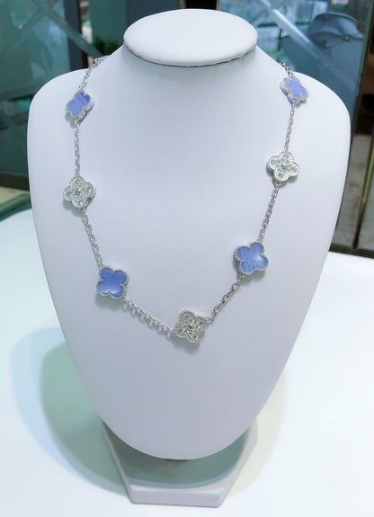 [VCA]CLOVER 10 MOTIFS CHALCEDONY DIAMONDS SILVER NECKLACE