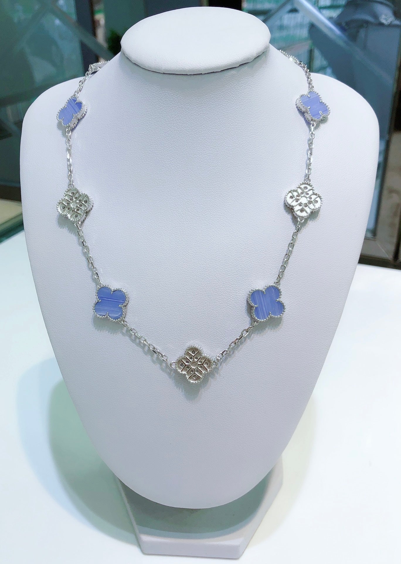 [VCA]CLOVER 10 MOTIFS CHALCEDONY DIAMONDS SILVER NECKLACE